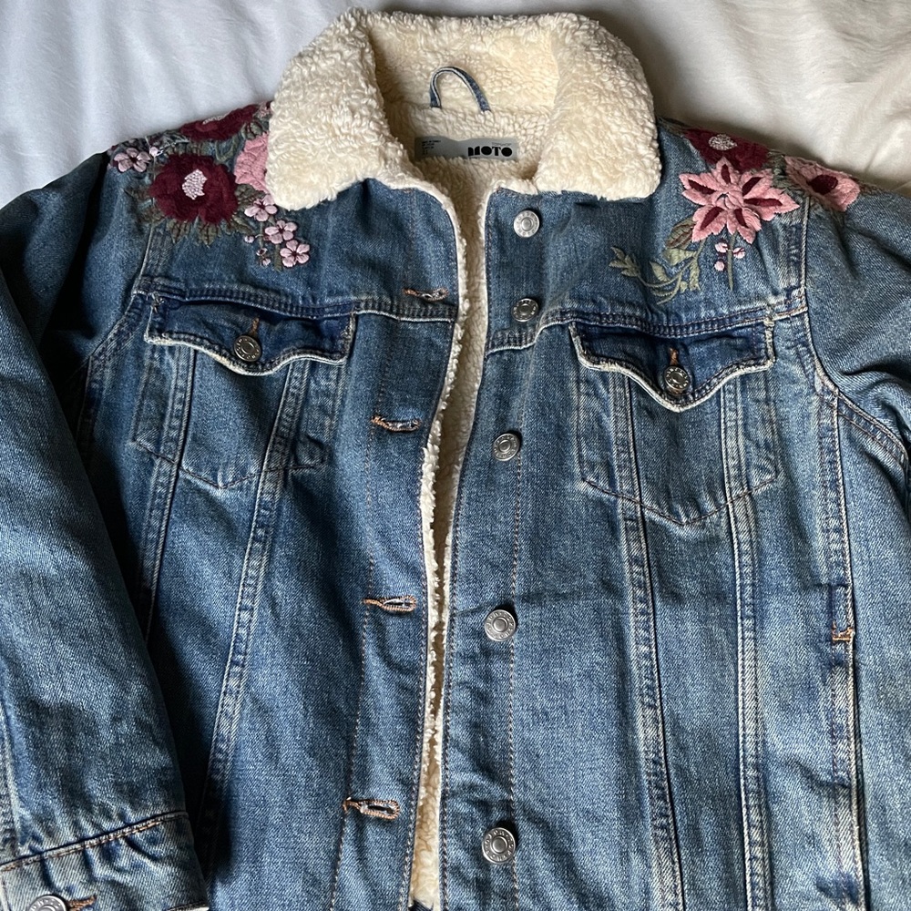 Topshop Flower Embroidered Sherpa Jean Jacket